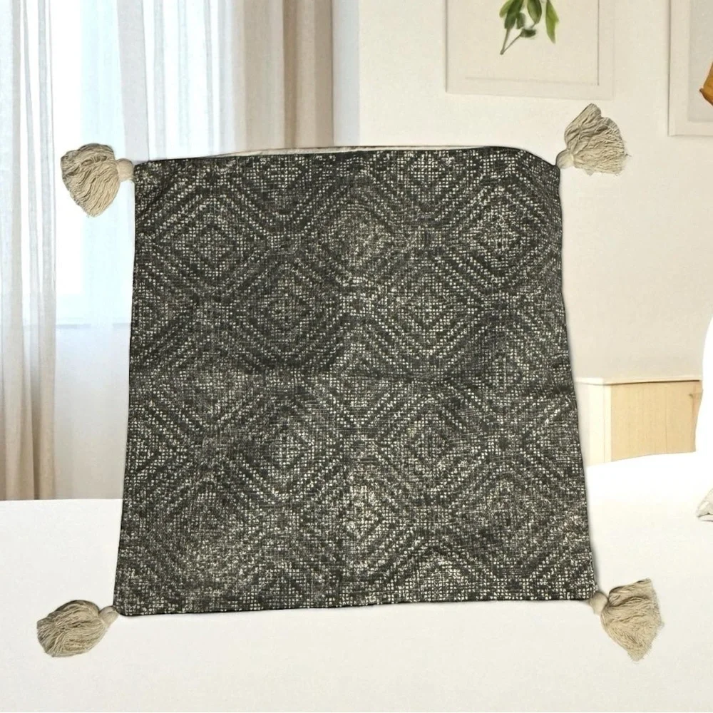 Anthropologie Loloi Grey Cream Cotton Throw Pillow Cover Tassels CottageCore